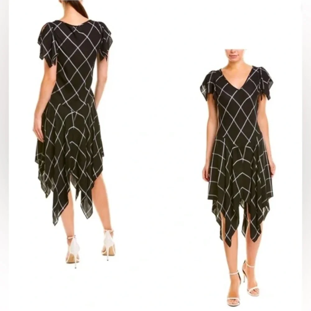 Max Studio London White‎ Plaid Handkerchief Fit Flare Midi Dress XS X Small 0 2